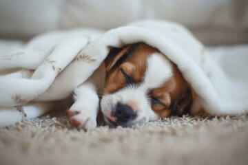 A small brown and white dog is sleeping under a blanket. The blanket is white and has a pattern of leaves on it - Powered by Adobe