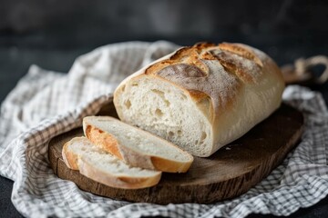 A loaf of bread is cut into slices and placed on a wooden cutting board. The bread is white and has a slightly burnt crust. Concept of warmth and comfort