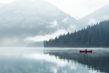 A person in a red canoe is paddling on a lake surrounded by trees. The sky is cloudy and the water is calm. Concept of tranquility and peacefulness - obrazy, fototapety, plakaty