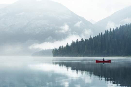 A person in a red canoe is paddling on a lake surrounded by trees. The sky is cloudy and the water is calm. Concept of tranquility and peacefulness