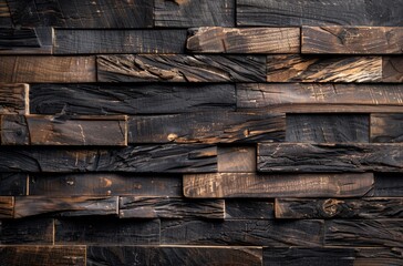 A black and brown wooden wall with a lot of texture. The wall is made up of many different sized pieces of wood, and the overall effect is very rustic and natural. The wall appears to be unfinished