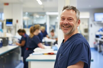 A man in a blue scrubs is smiling in front of a group of people. Scene is happy and friendly