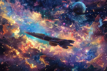 The spaceship flies in the colorful galaxy