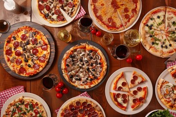 A table full of pizzas and drinks. The pizzas are of different sizes and flavors, including pepperoni, mushroom, and cheese. There are also glasses of wine and a bottle of wine on the table