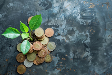 Small plant growing on the black stone surface and coins, green economic and financial sustainable development concept by generative AI.