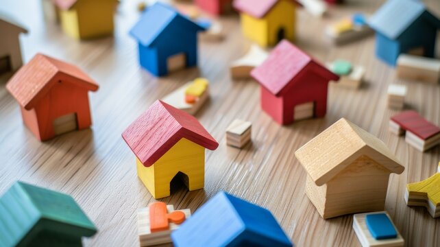 A bunch of wooden houses are scattered on a wooden table. The houses are of different colors and sizes, and they are arranged in a way that they look like they are in a neighborhood