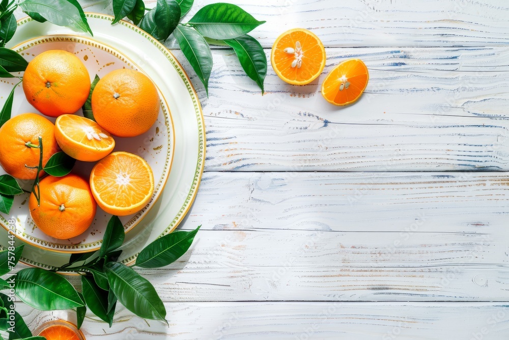 Poster a plate of oranges and leaves sits on a wooden table. the oranges are sliced and arranged in a way t