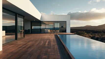 A large house with a pool and a deck. The pool is surrounded by a wooden deck and has a glass wall. The house is situated on a hill overlooking a body of water