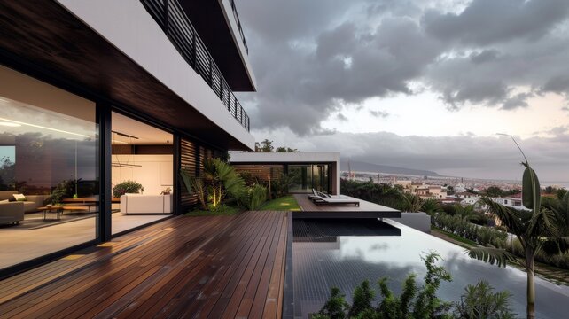 A large house with a pool and a balcony overlooking the city. The house is surrounded by trees and has a wooden deck. The sky is cloudy, giving the scene a moody atmosphere