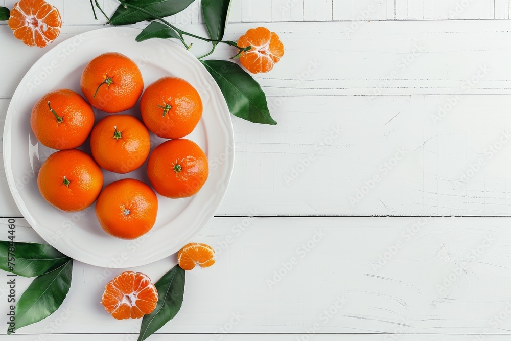 Poster a plate of oranges with a white background. the oranges are arranged in a circle and there are a few