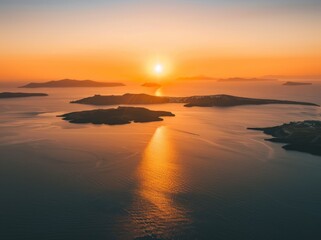 The sun is setting over the ocean, casting a warm glow on the water. The sky is a mix of orange and pink hues, creating a serene and peaceful atmosphere. The water is calm