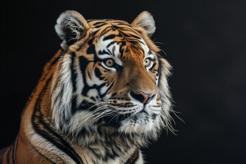 A tiger is staring at the camera with its eyes wide open. The tiger is looking directly at the camera, and its fur is visible. The image has a moody and intense feel