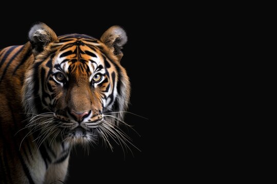A tiger is staring at the camera with its mouth open. The tiger is the main focus of the image, and it is curious or alert. The black background adds a sense of depth