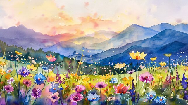 Flower Fields at Sunset: A Painted Watercolor of a Beautiful Mountain Range Generative AI © Manoj