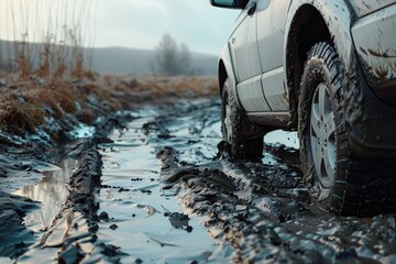 Stuck  car on muddy road, black wheels buried in mud - obrazy, fototapety, plakaty