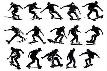 skateboarders silhouette bundle with various poses, skateboard silhouette vector, skating silhouette.