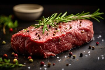 Raw steak seasoned with salt, pepper and fresh hearbs in the rustic kitchen. Ai Generative
