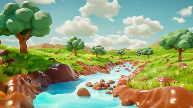 3D illustration of green landscape with mountain and rivers flow