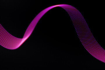 Pink and purple neon curved wave of light with dotted stripes on black background. Abstract background with motion light effect, light painting in festive style.
