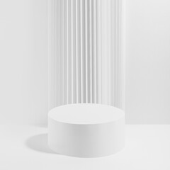 One white round podium with striped column as geometric decor, mockup on white background. Template for presentation cosmetic products, gifts, goods, advertising in contemporary black friday style.