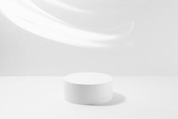 One round white pedestal mockup for cosmetic products, smooth neon light stripes on white background. Scene for presentation skin care products, gifts, advertising, sale, showing in elegant style.
