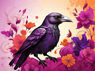 Abstract Purple Crow on Floral Background