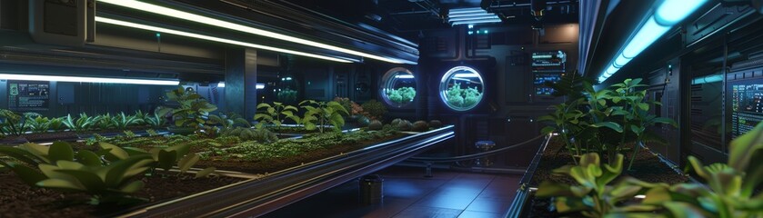 Hydroponic farm inside a space station with lush greenery providing sustainability in an extraterrestrial setting