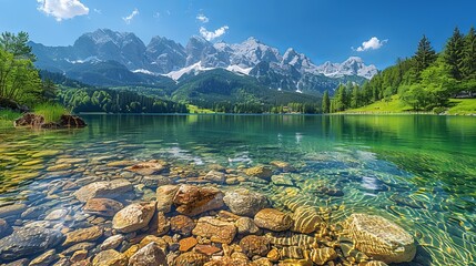 View of the Alps in the summer with a clear mountain lake and green mountain pastures in the background - obrazy, fototapety, plakaty