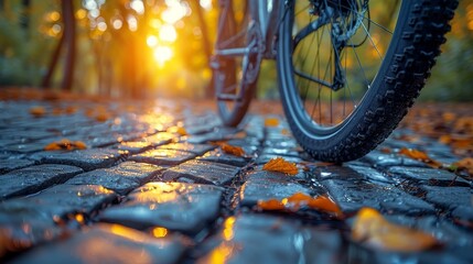 Bicycle at sunset on the road in the park. Closeup wheel on blurred summer background. Cruising to work in the evening. Concept of riding a bicycle and preserving the environment.