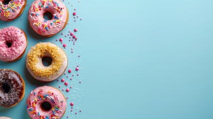 Group of frosted donuts isolated on blue background. Frosting, glazed, sprinkled donuts. Sweet treats. Room for copy space.