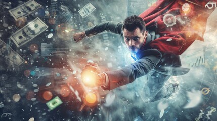 scene showing a man in a business suit soaring with superhero speed amongst a flurry of financial currency