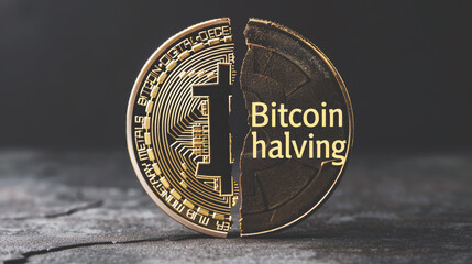 Bitcoin halving sign, BTC crypto coin cracked in two parts on concrete background close-up. Reward for Bitcoin cryptocurrency mining is cut in half in 2024 concept - obrazy, fototapety, plakaty