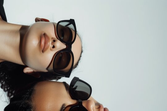 Two pretty women in dark sunglasses lie on a white background posing for a photo shoot, and the fashion shoot features close-up shots, eyewear models, and eyewear commercials