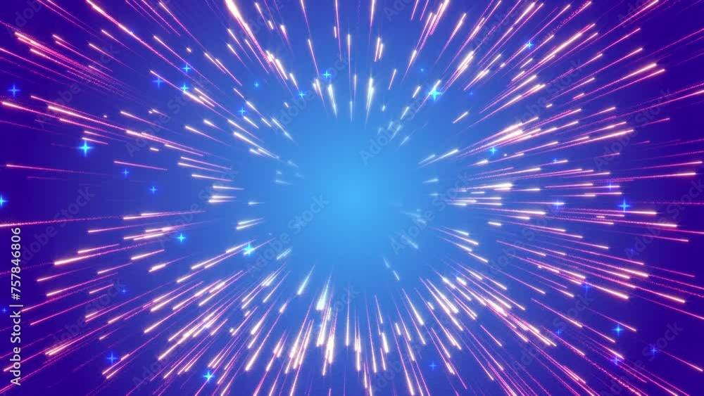 Poster Abstract background with bright rays of gold particles on a blue background. Glowing lines of particles leaving behind dust. Flying stars sparkle particles. looping animation