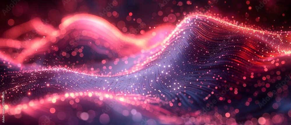 Poster An abstract sound wave with neon lighting and a computer-generated image of a splash of splash sounds. The equalizer visualizes a wave of music in a technologically based cyber style. A circle of