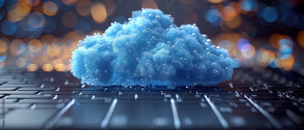 Poster Concept of cloud computing. Laptop, tablet, phone connectivity with digital cloud. Interactive collaboration in the internet. Remote work technology in network communication. Synchronization of
