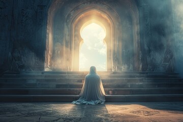 A person is sitting on a step in a dark room with a light shining through a window. The person is wearing a white robe and he is meditating - obrazy, fototapety, plakaty