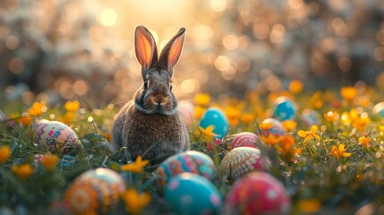 Fototapeta na wymiar Easter Scene, abstract, defocused - bunny ears behind grass, decorated eggs in flowery field
