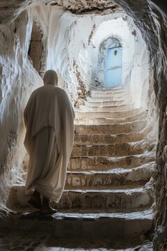 A man in a white robe is walking up a set of stairs. The stairs are made of stone and lead to a doorway