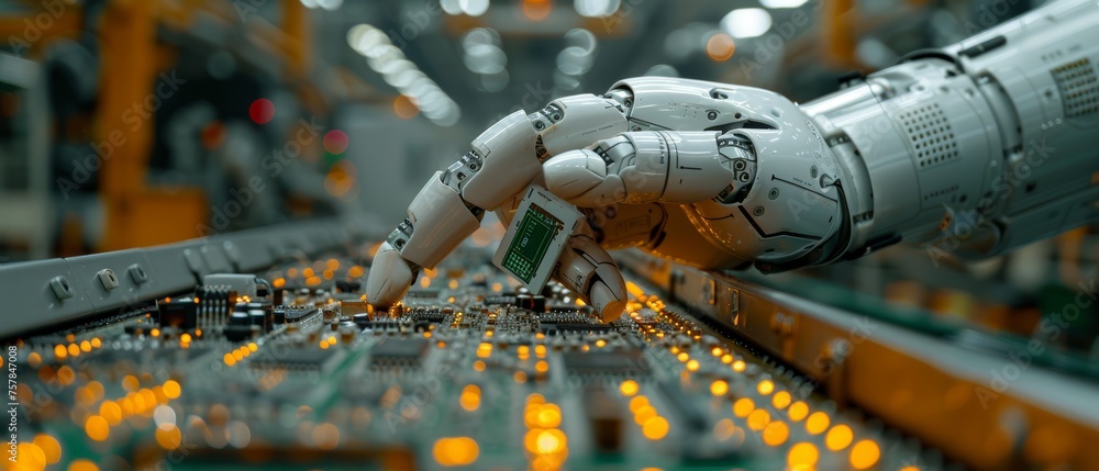 Poster On the assembly line, a robotic manipulator places electronic components on electronic circuit boards. An AI automated robotics factory holds a chip above the PCB.