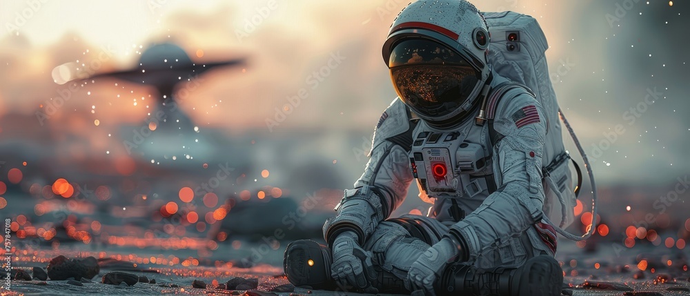 Poster An astronaut in a futuristic spacesuit is sat in a futuristic spaceship, looking out at the stars, while a flying saucer touches down on the runway of a space station.