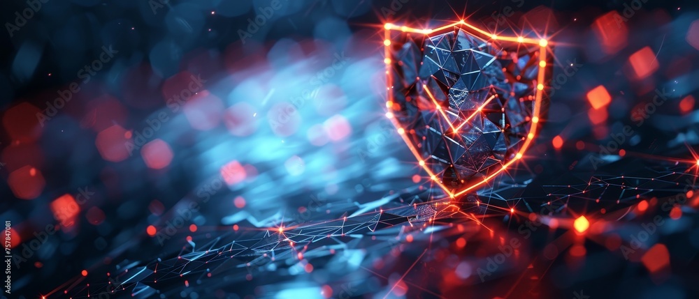 Fototapete An outline wireframe shield with a check mark sign on a dark blue background showing secure services, protect data, antivirus solutions, internet safety, and firewall systems.