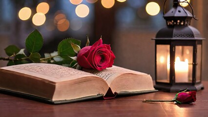 The holy quran and arabic lantern on the top of table. Beautiful Islamic ramadan with bokeh light in the background.
