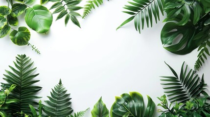 Beautiful composition with fern and other tropical leaves on white background Banner design