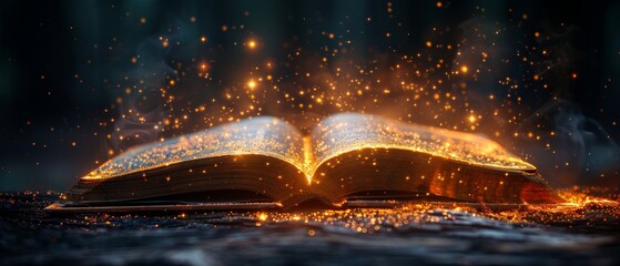 A golden magic book with stars on a dark background. A magic or legend book represents best education, fantasy style, the Holy Bible, online education, book festivals, library concepts. Literature
