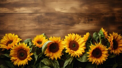 Sunflowers arranged on a rustic brown background