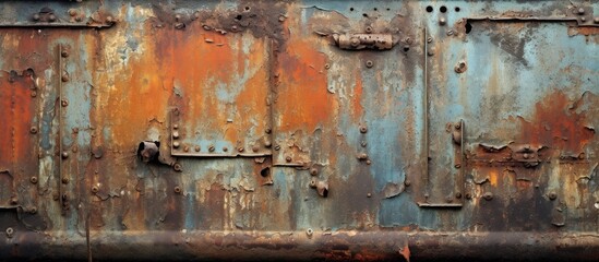 A detailed closeup of a weathered metal wall covered in rust, providing a textured backdrop for an urban or industrial theme in art or photography