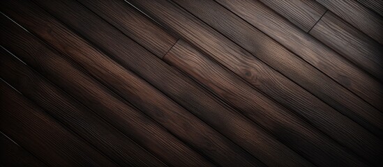 A closeup of a brown hardwood floor with a diagonal pattern, showcasing tints and shades of wood stain. The darkness of the wood flooring adds depth to the plywood design