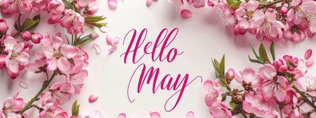 Abstract background with watercolor colorful splashes and flowers. Hello May handwritten modern calligraphy lettering. Spring concept background.
