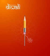 Happy Diwali Indian festival, pencil Diwali fire lamp, Diwali Rocket, Diwali creative concept for education, Design for banner, poster 3D Illustration.